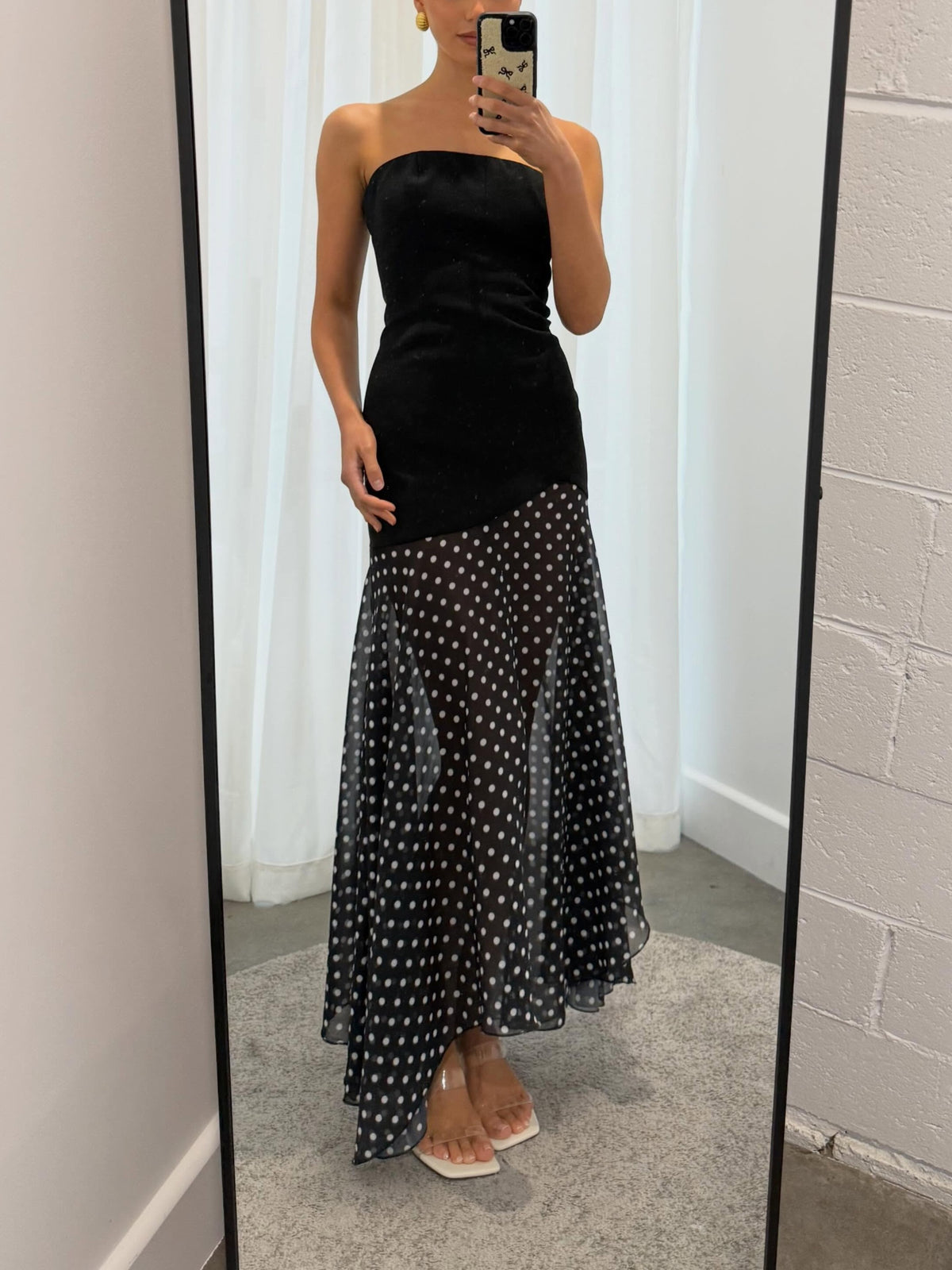 Black Polka Dot Strapless Sheer Maxi Dress