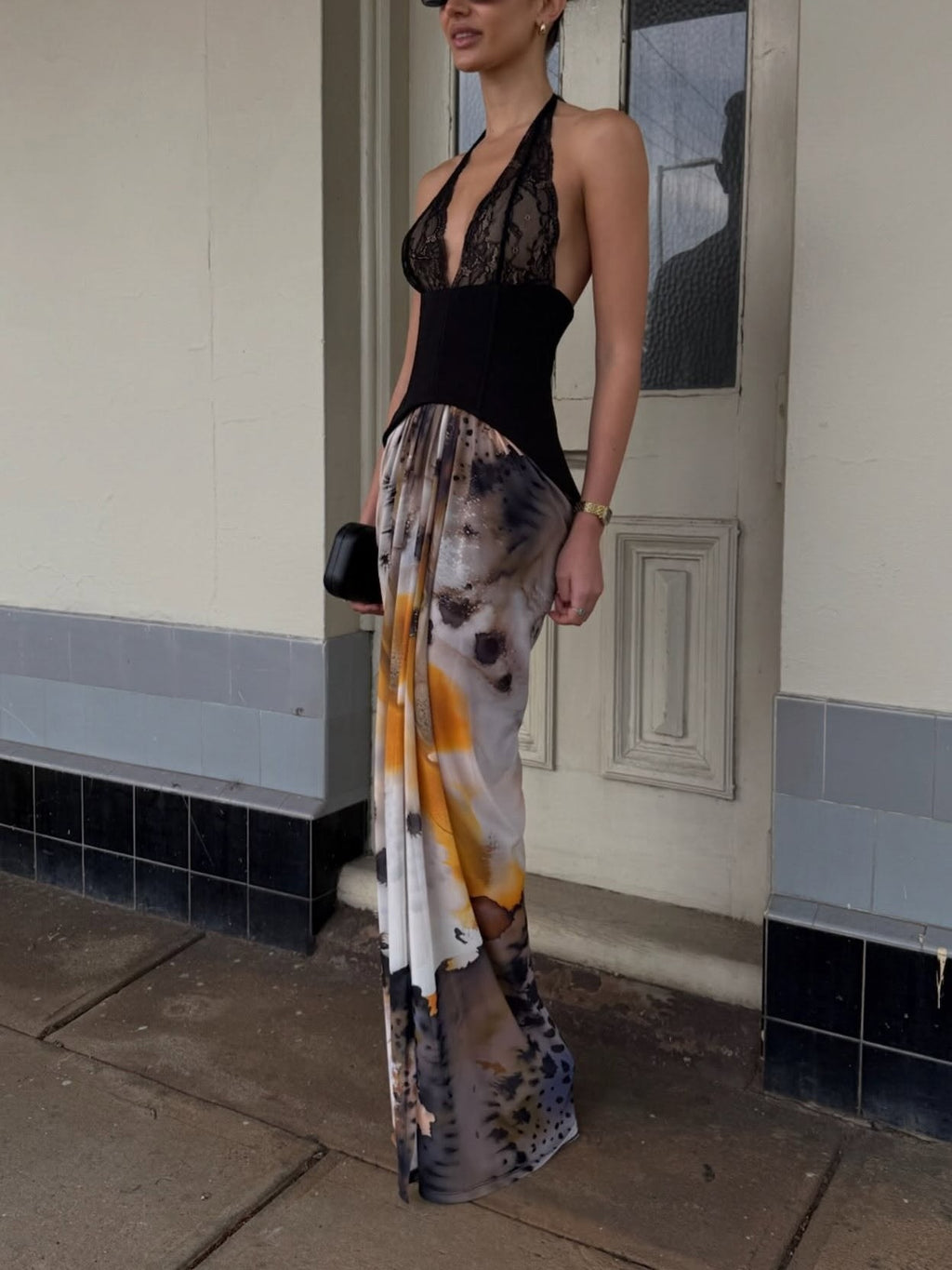Black Lace Halter Watercolor Print Maxi Dress