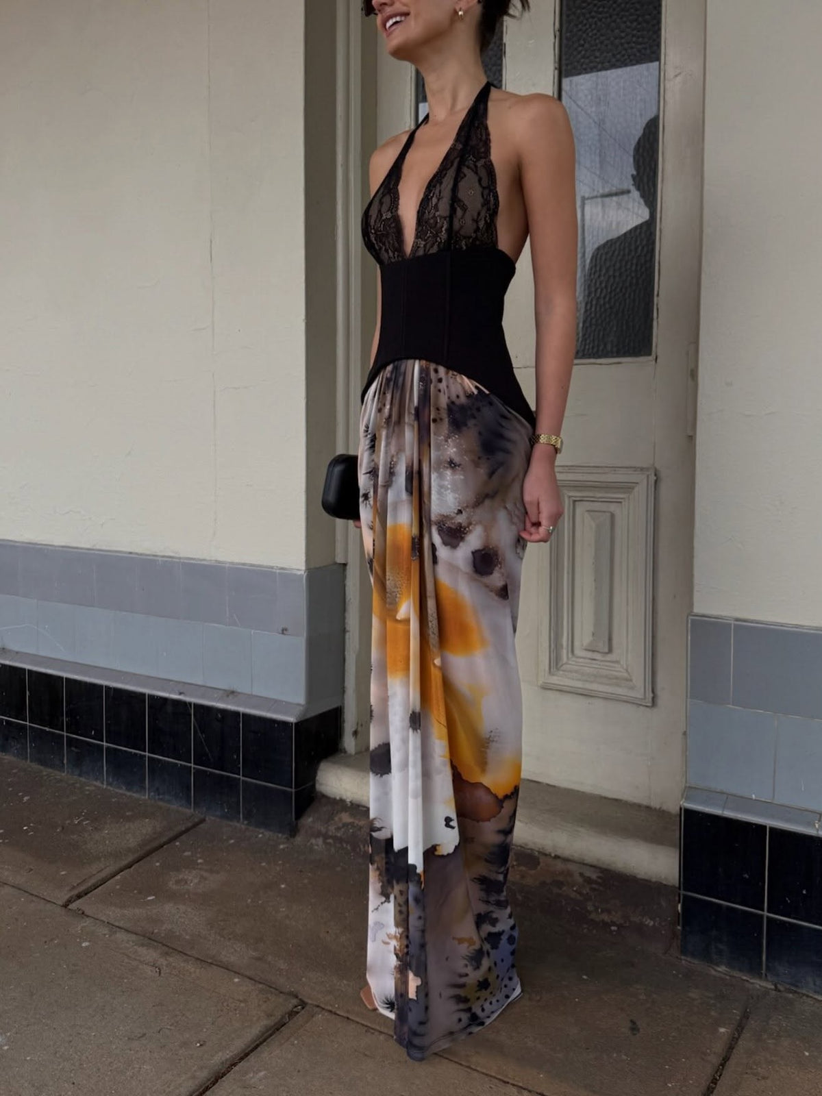 Black Lace Halter Watercolor Print Maxi Dress