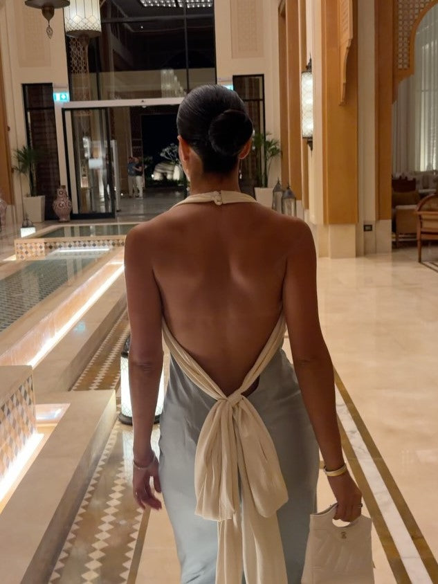 LightBlue Satin Open Back Halter Maxi Dress
