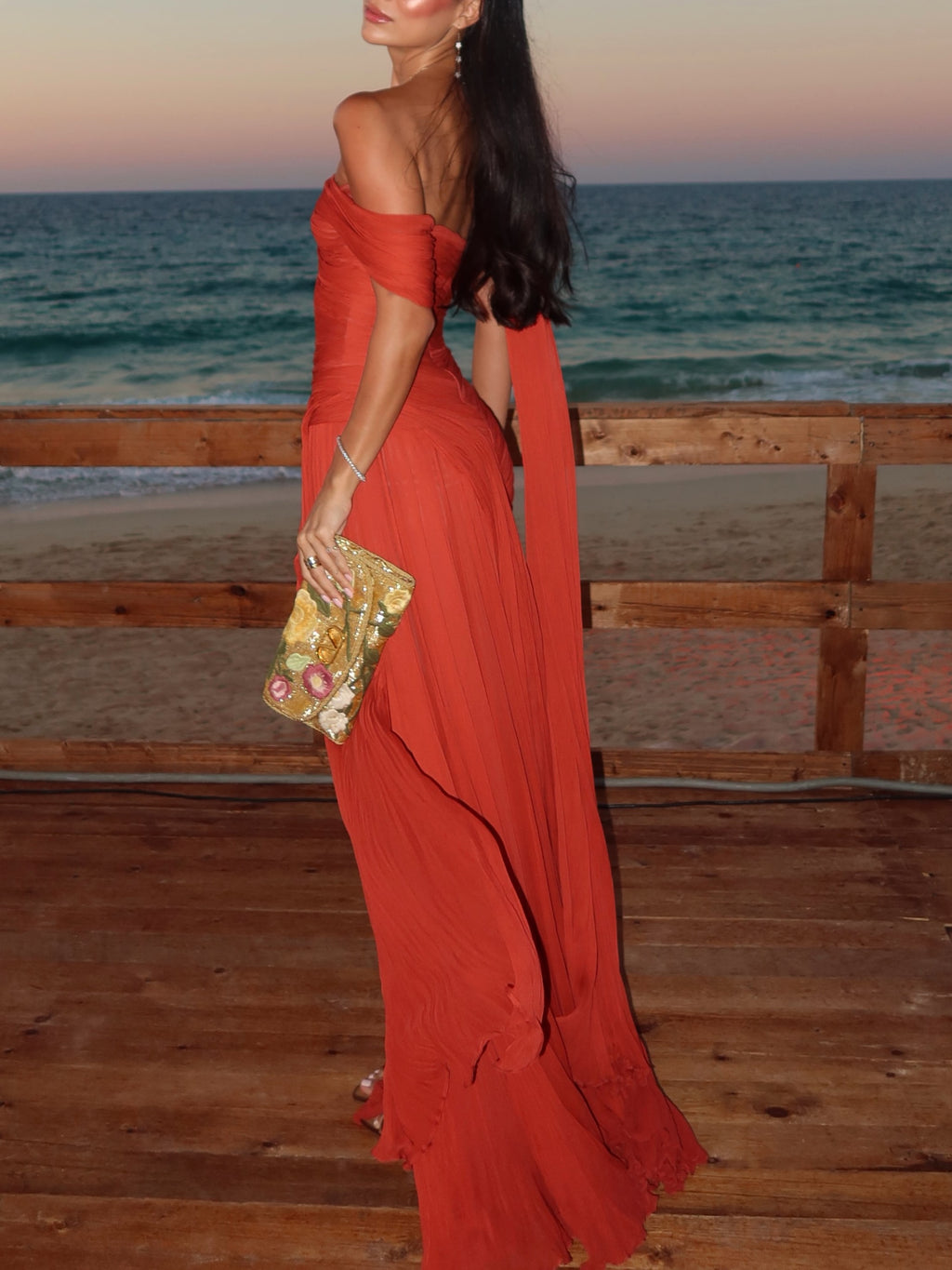 Red Chiffon One Shoulder Draped Maxi Dress