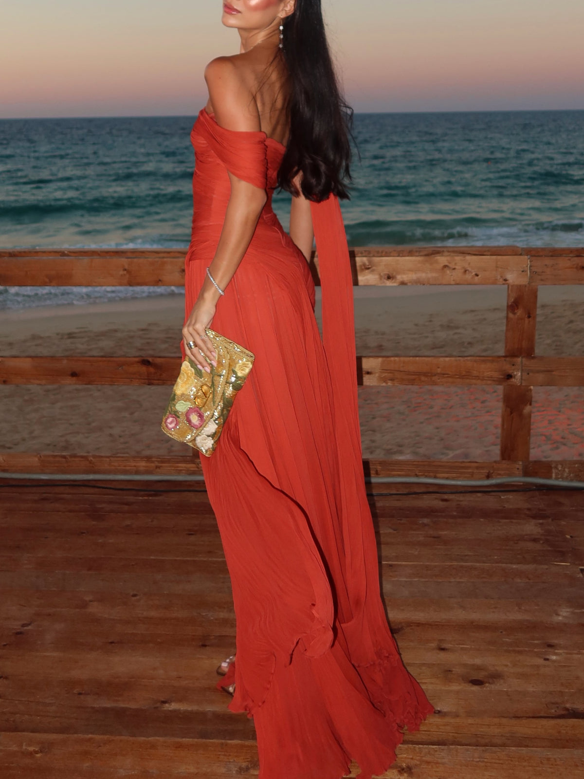 Red Chiffon One Shoulder Draped Maxi Dress