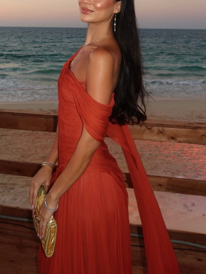 Red Chiffon One Shoulder Draped Maxi Dress