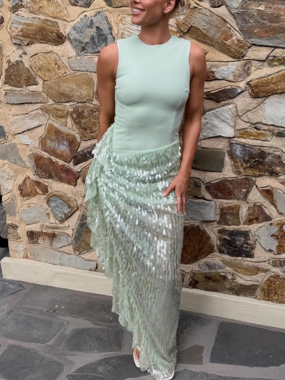 MintGreen Sequin Draped Maxi Skirt Set