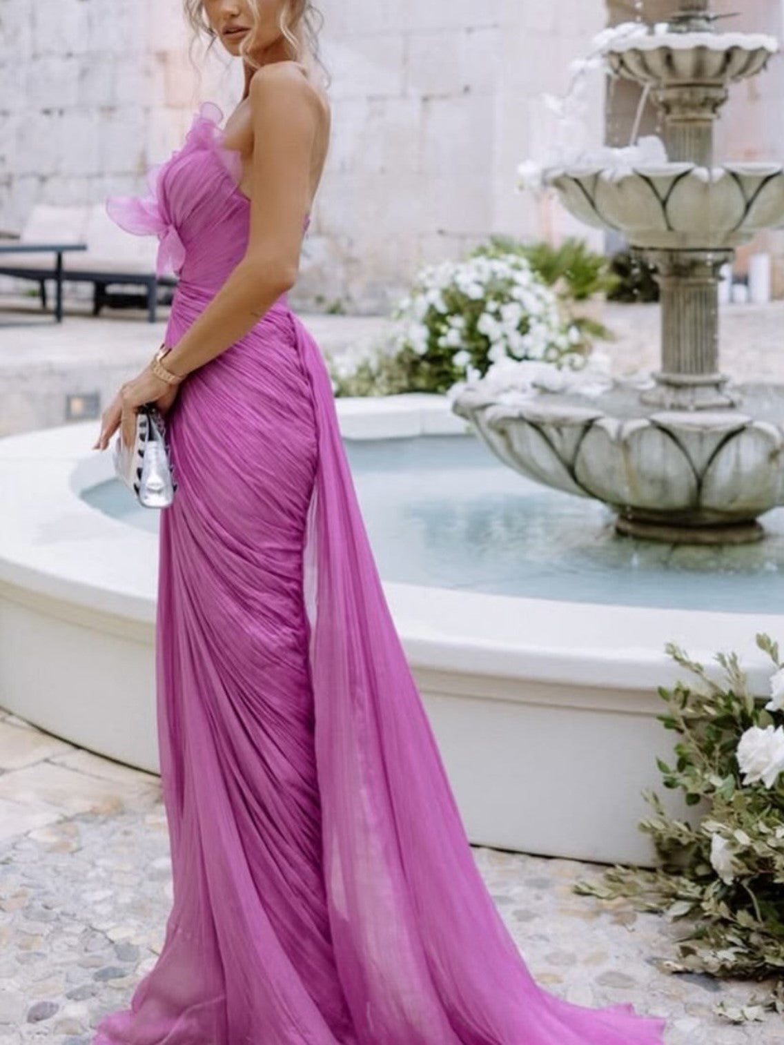 Pink Chiffon Strapless Ruffle Flower Maxi Dress