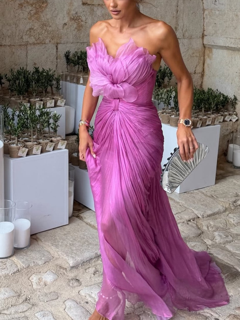 Pink Chiffon Strapless Ruffle Flower Maxi Dress