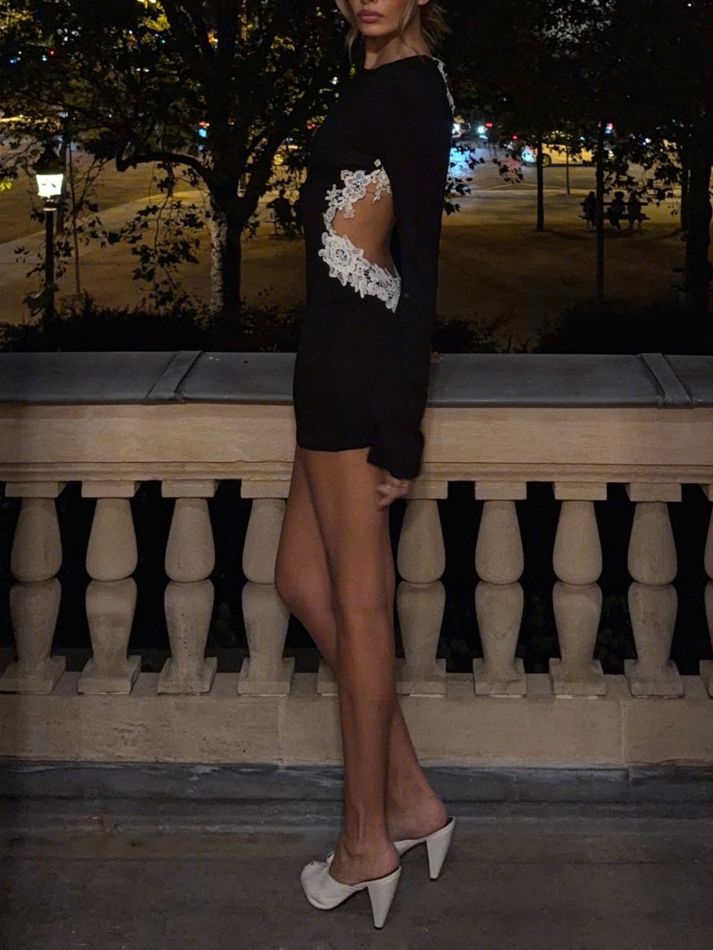 Black Lace Open Back Long Sleeve Mini Dress