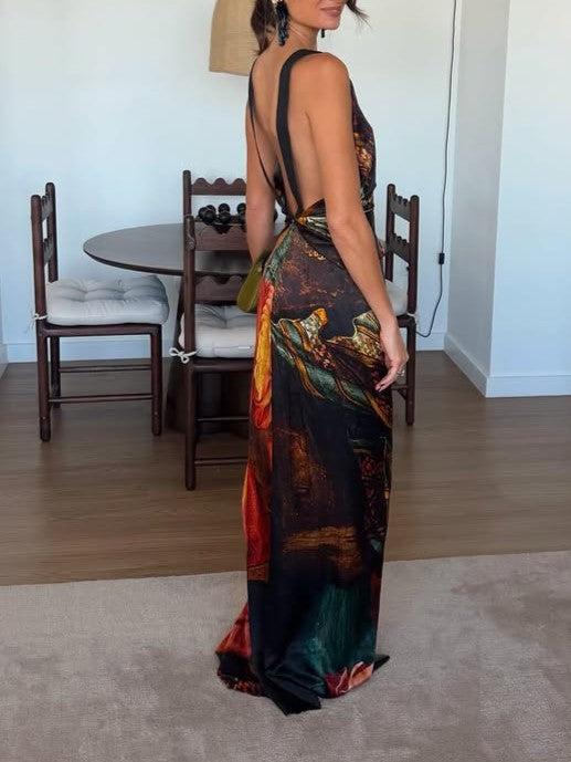 Multicolor Abstract Print Draped Maxi Dress