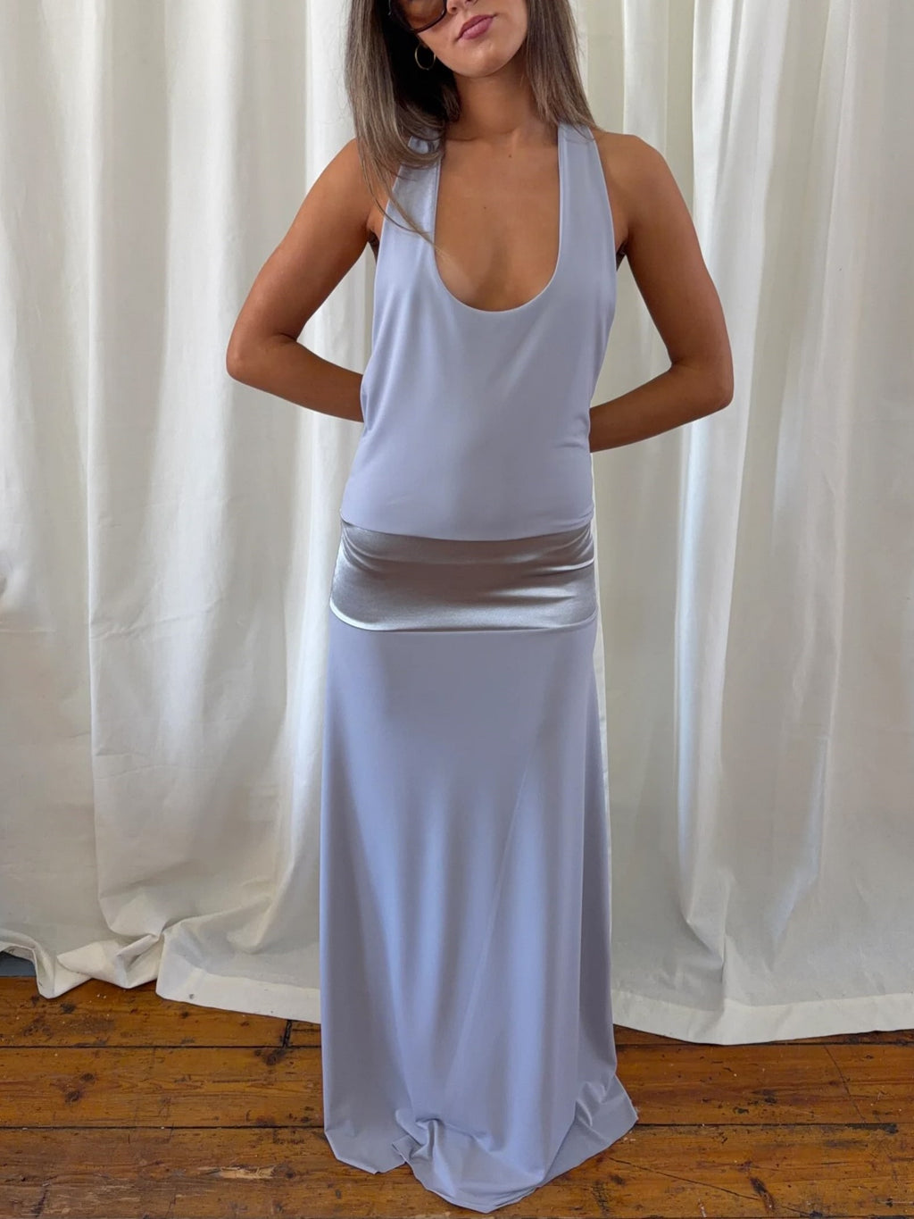 LightBlue Halter Maxi Dress with Sheer Waist Panel