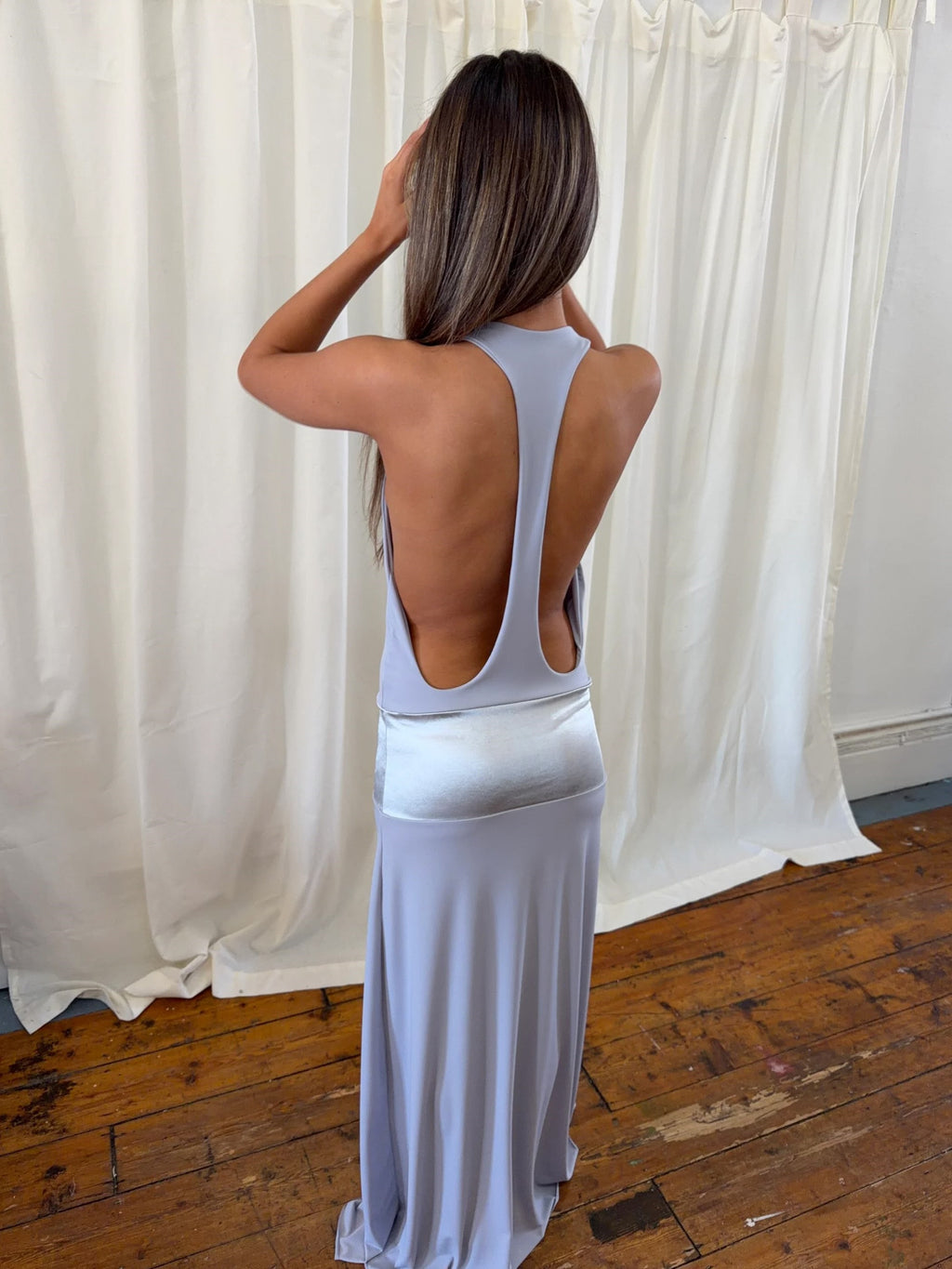 LightBlue Halter Maxi Dress with Sheer Waist Panel