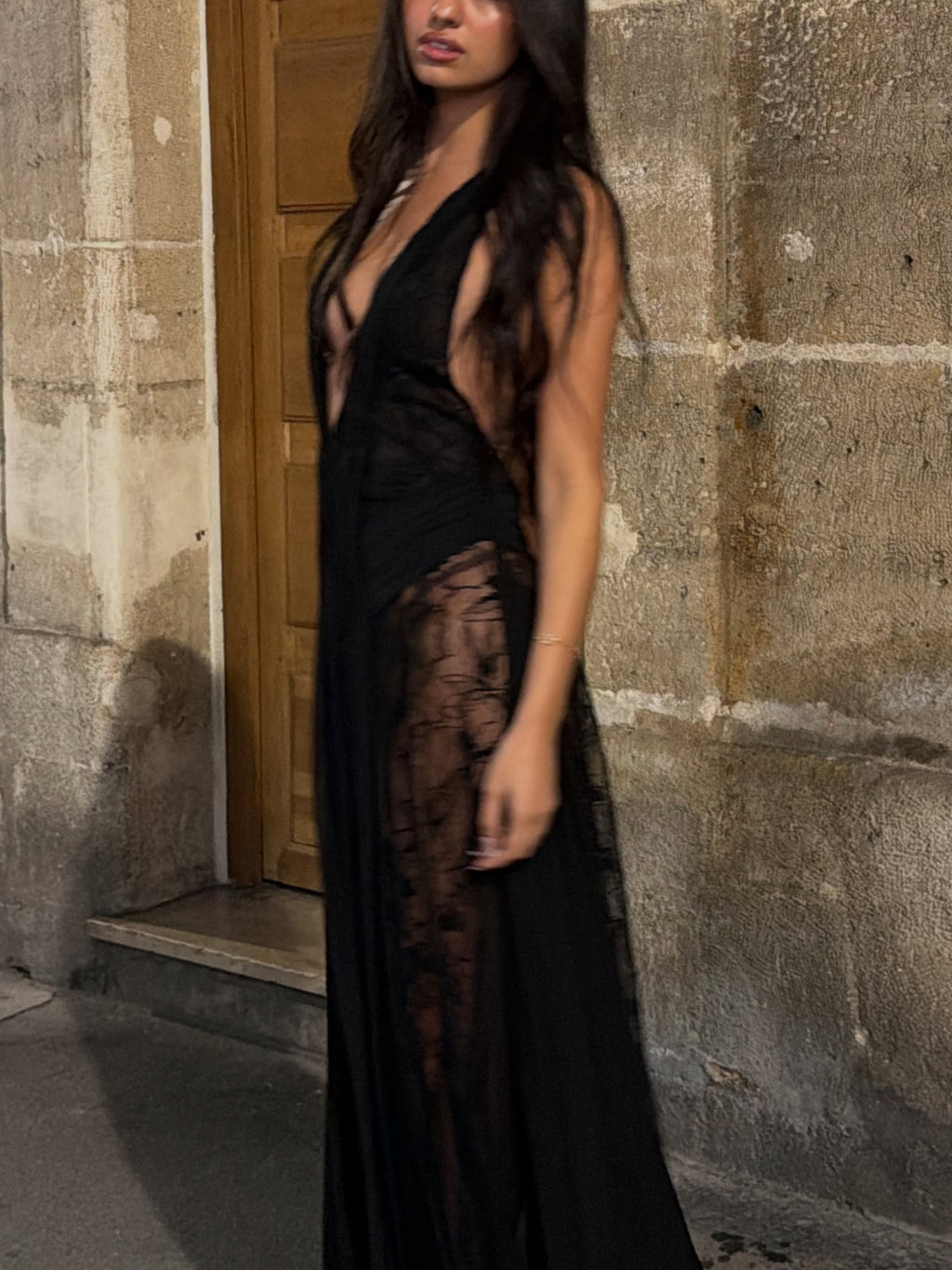 Black Sheer Lace Halter Open Back Maxi Dress