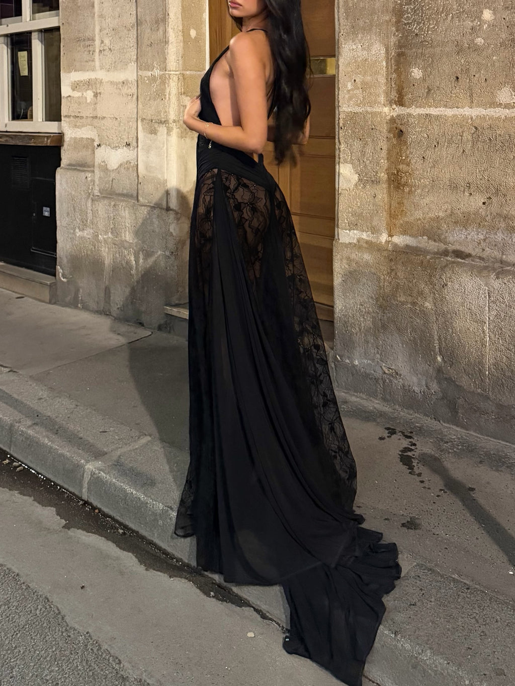Black Sheer Lace Halter Open Back Maxi Dress