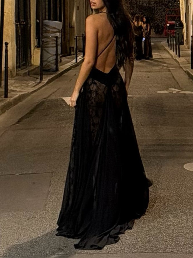 Black Sheer Lace Halter Open Back Maxi Dress