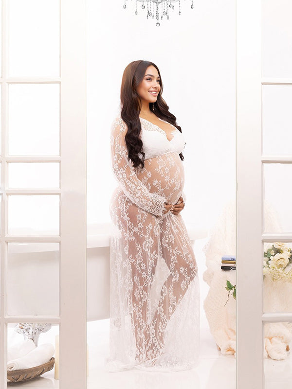 White Lace Robe V-neck Bathtub Photoshoot Plus Size Maternity Maxi Dress