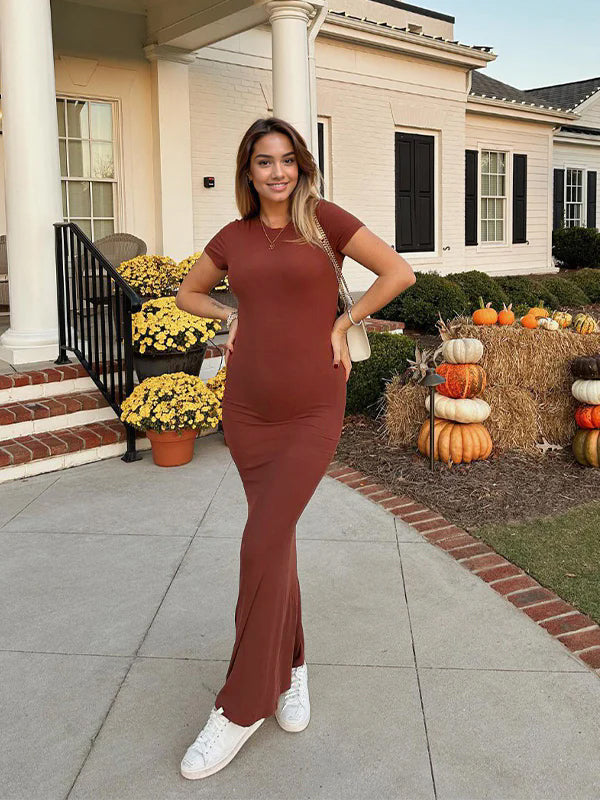 Brown Solid Color Short Sleeve Bodycon Daily Casual Baby Shower Maternity Maxi Dress