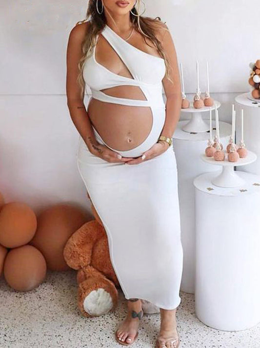 White One Shoulder Cut Out Bodycon Party Club Photoshoot Baby Shower Maternity Maxi Dress
