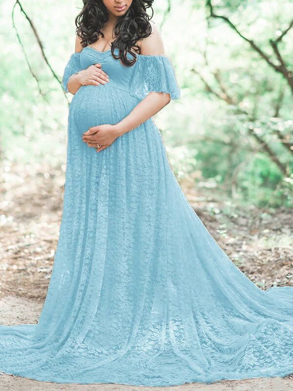 Solid Color Lace Off Shoulder Cap Sleeve Photoshoot Maternity Maxi Dress