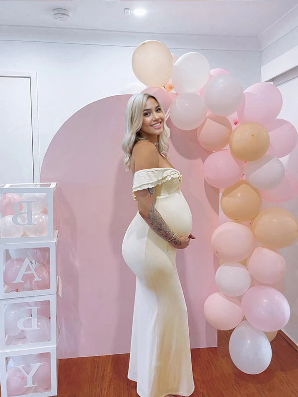 Ivory White Ruffle Falbala Off Shoulder Mermaid Elegant Cocktail Evening Gown Maternity Photoshoot Baby Shower Maxi Dress