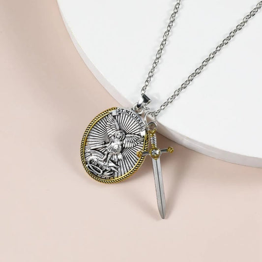 Christianartworkshop Two Tone Sword & Oval Shield St. Michael Pendant Necklace