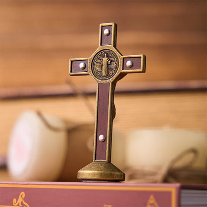 Christianartworkshop European Classical Traditional Wood Inlaid Alloy St. Benedict Cross Ornament