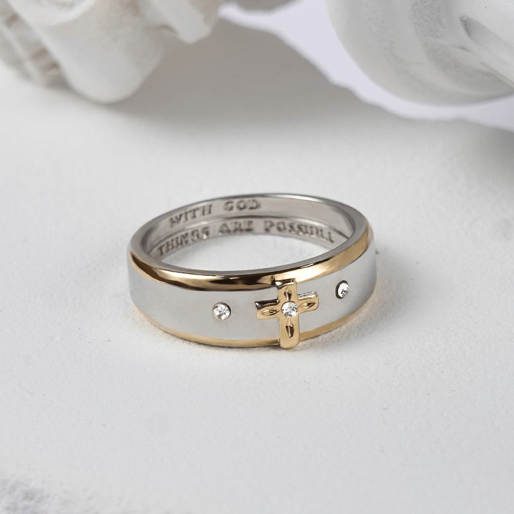 Christianartworkshop Modern Style Two-tone Gold Cross Alloy Ring(Made in Holy Land)