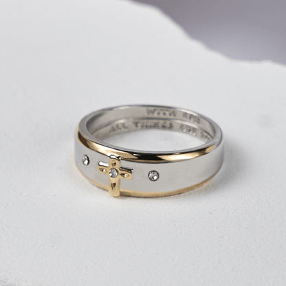 Christianartworkshop Modern Style Two-tone Gold Cross Alloy Ring(Made in Holy Land)