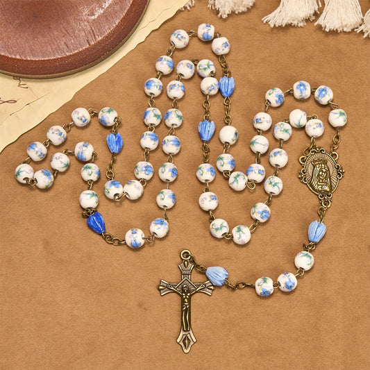 Christianartworkshop Immaculate Heart of Mary & Crucifix of 8 mm Round Blue Floral Acrylic Alloy Chain Rosary