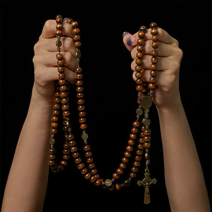 Christianartworkshop 15/20 Decade Olive Wood Rosary with St. Benedict, Crucifix & Waist Chain Design—Divine Devotion in Dual Use