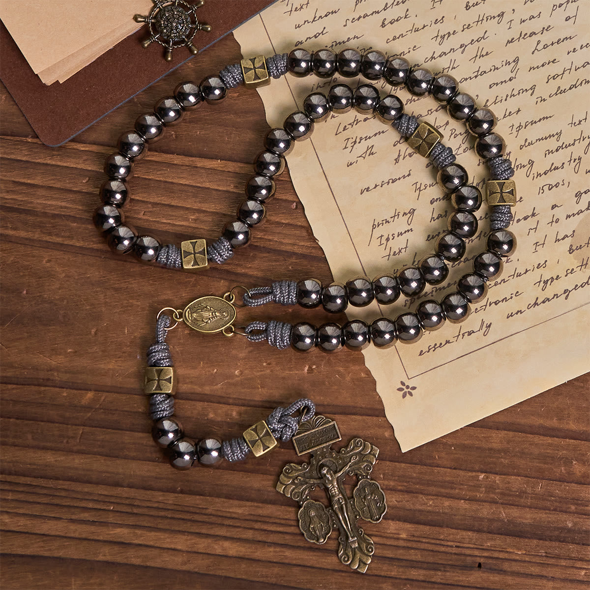 Miraculous Medal & Crucifix of 8 mm Round Silver Black Gallstone Nylon Cord Rosary