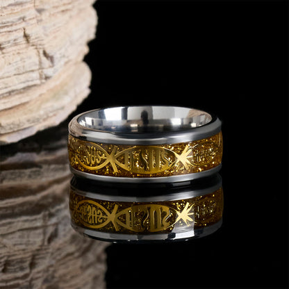 Christianartworkshop Rustic Stainless Steel Ring: "Jesus" in Fish
