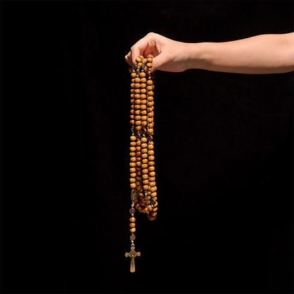 Christianartworkshop 15/20 Decade Olive Wood Rosary with St. Benedict, Crucifix & Waist Chain Design—Divine Devotion in Dual Use