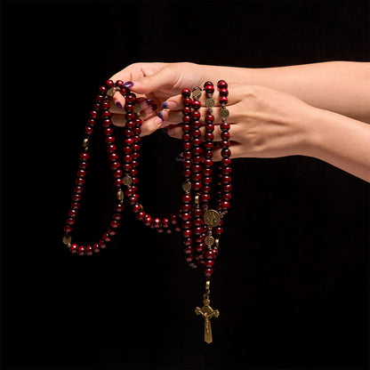 Christianartworkshop 15/20 Decade Olive Wood Rosary with St. Benedict, Crucifix & Waist Chain Design—Divine Devotion in Dual Use