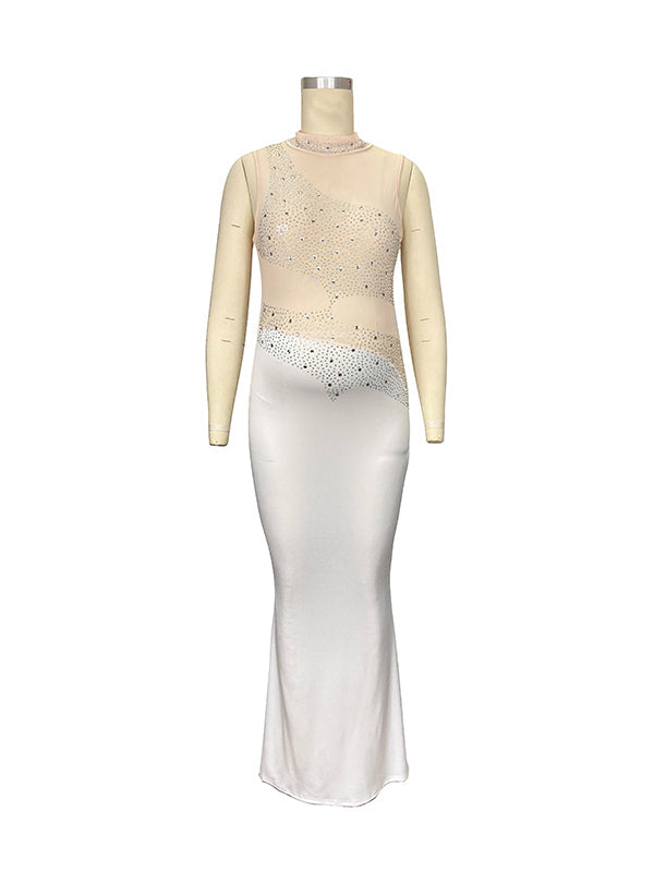 White Rhinestone Mesh Sleeveless Bodycon Evening Maternity Maxi Dress