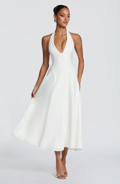 Halter Deep V-Neck Ruched A-Line Midi Dress