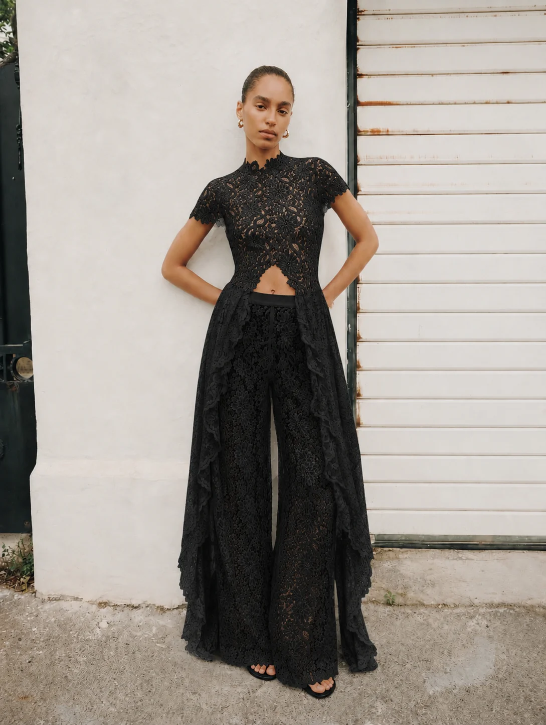 Sheer Lace Cutout High Neck Top（Only tops）