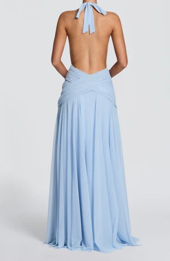 Light Blue Halter Ruched Wrap Maxi Dress