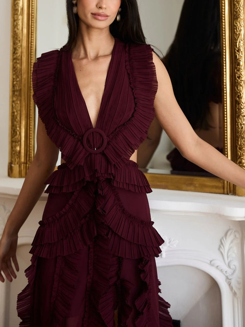 Burgundy Ruffle High Slit Maxi Dress