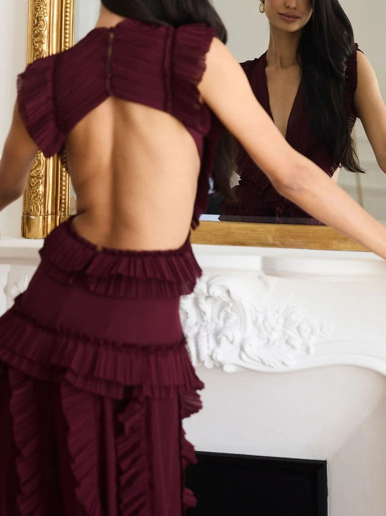 Burgundy Ruffle High Slit Maxi Dress