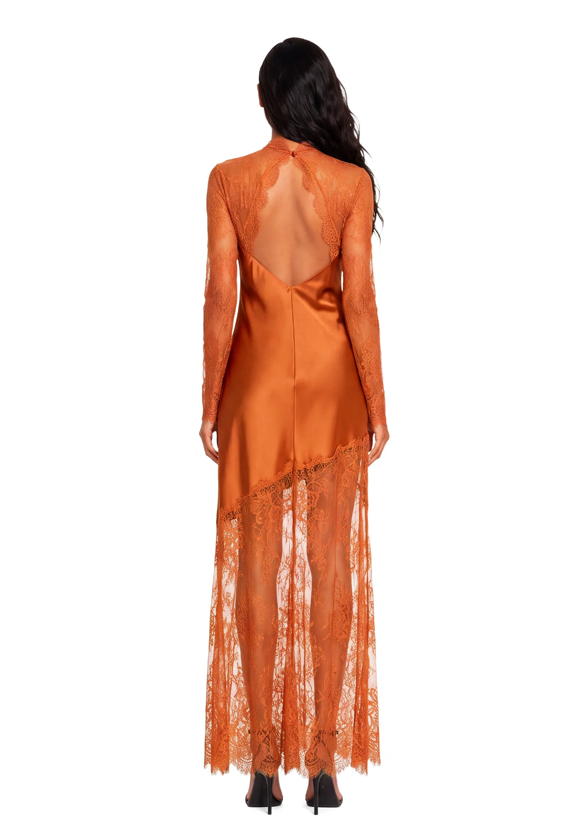 Orange Lace Satin Midi Dress