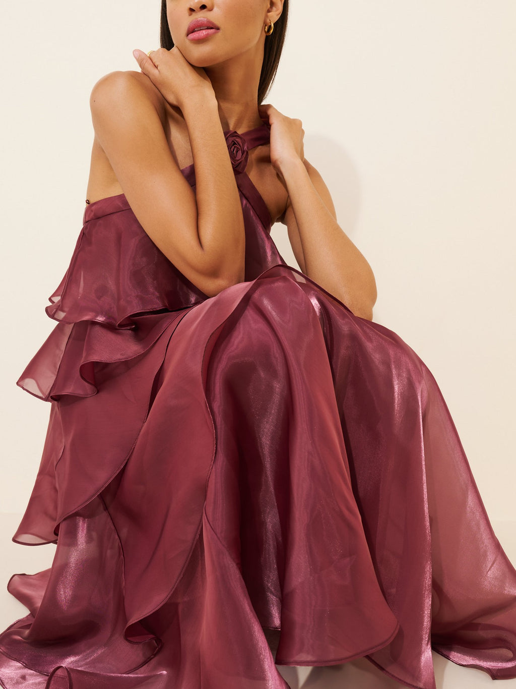 Burgundy Organza Ruffle Halter Maxi Dress