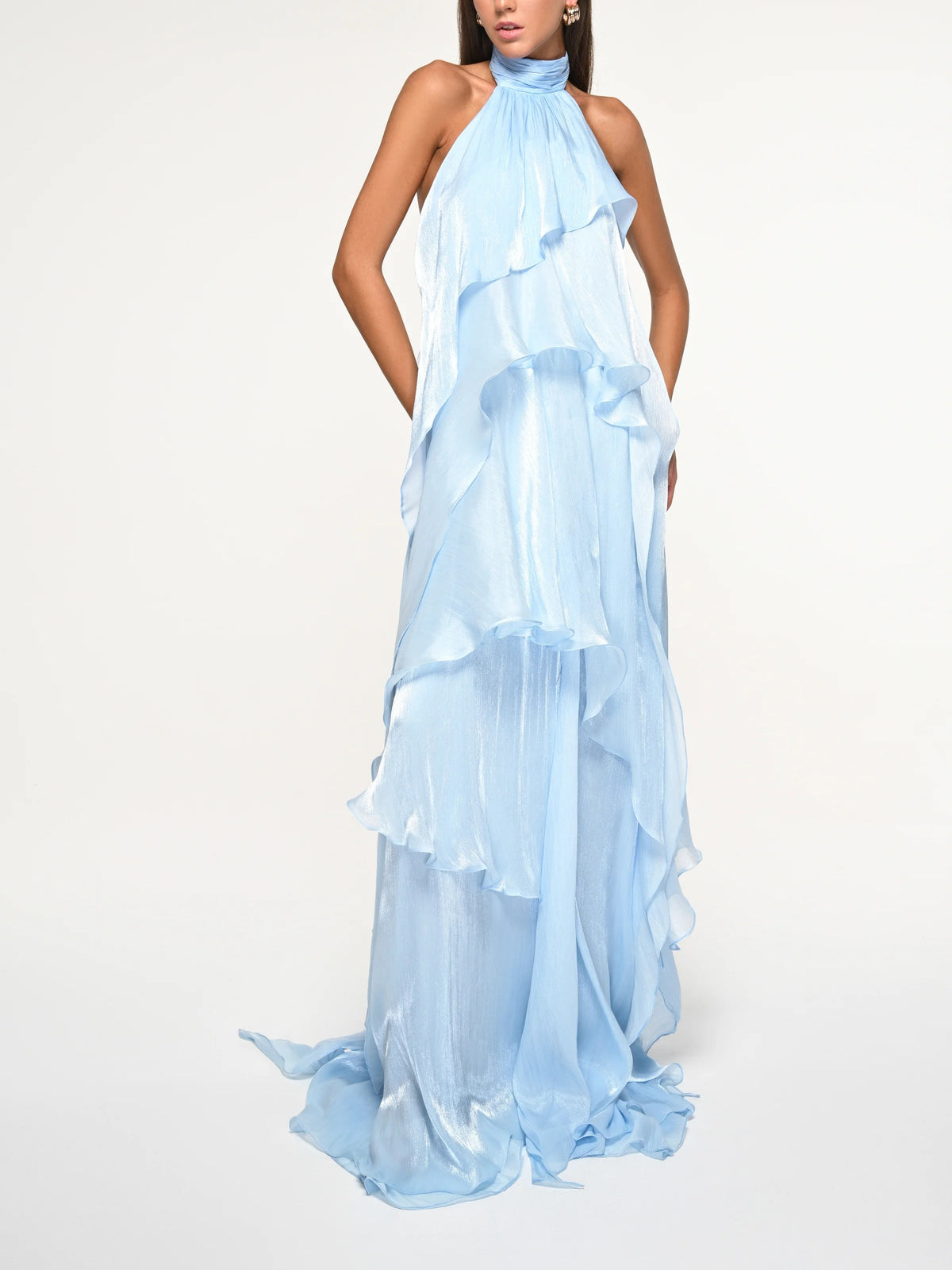 LightBlue Ruffled Halter Maxi Dress