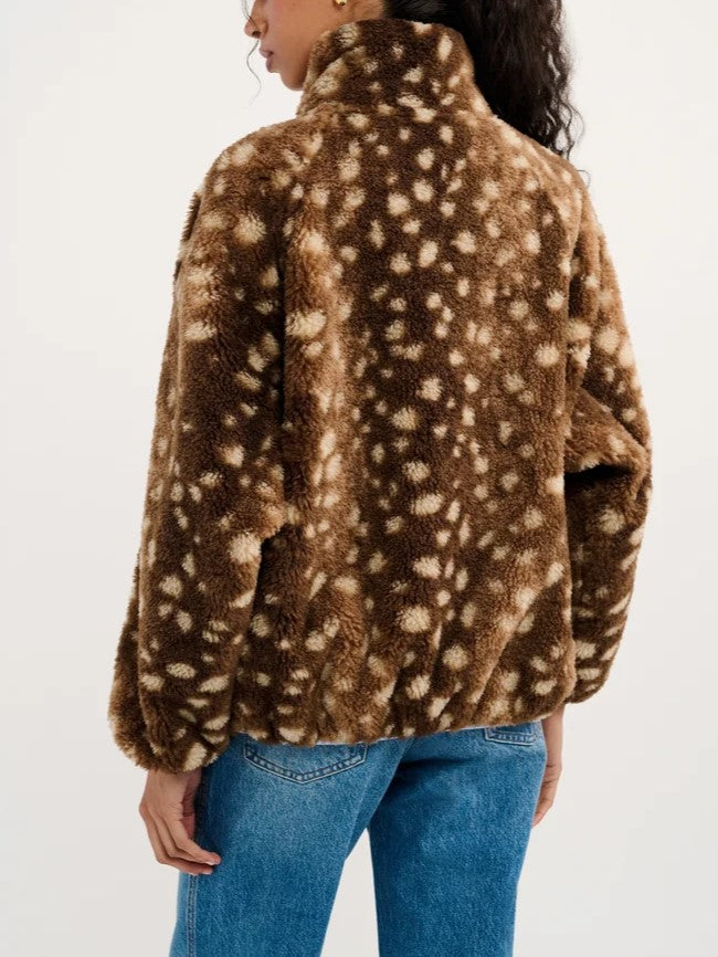 Brown Leopard Print Faux Fur Zip Jacket