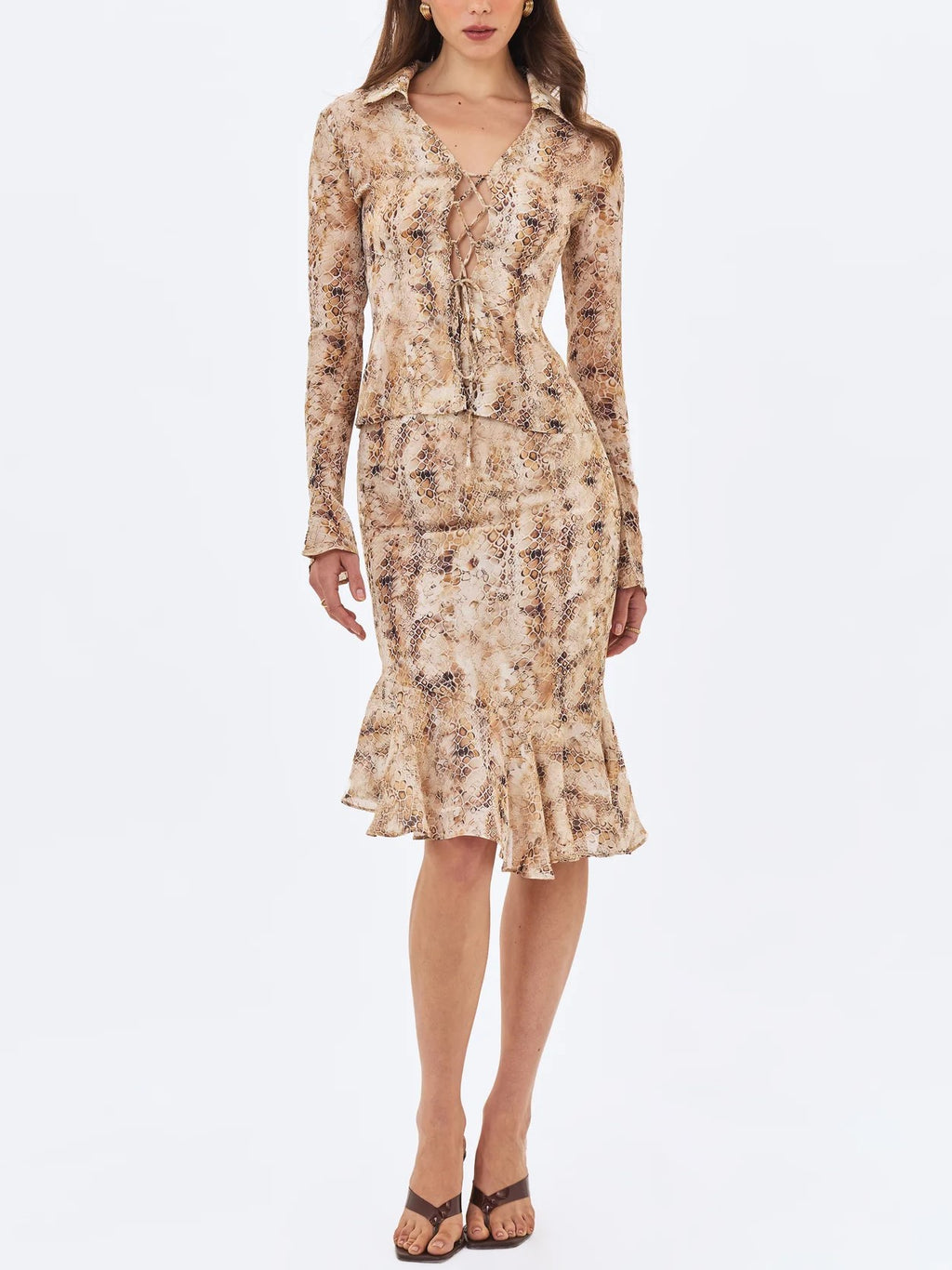 Beige Snake Print Tie Front Midi Dress