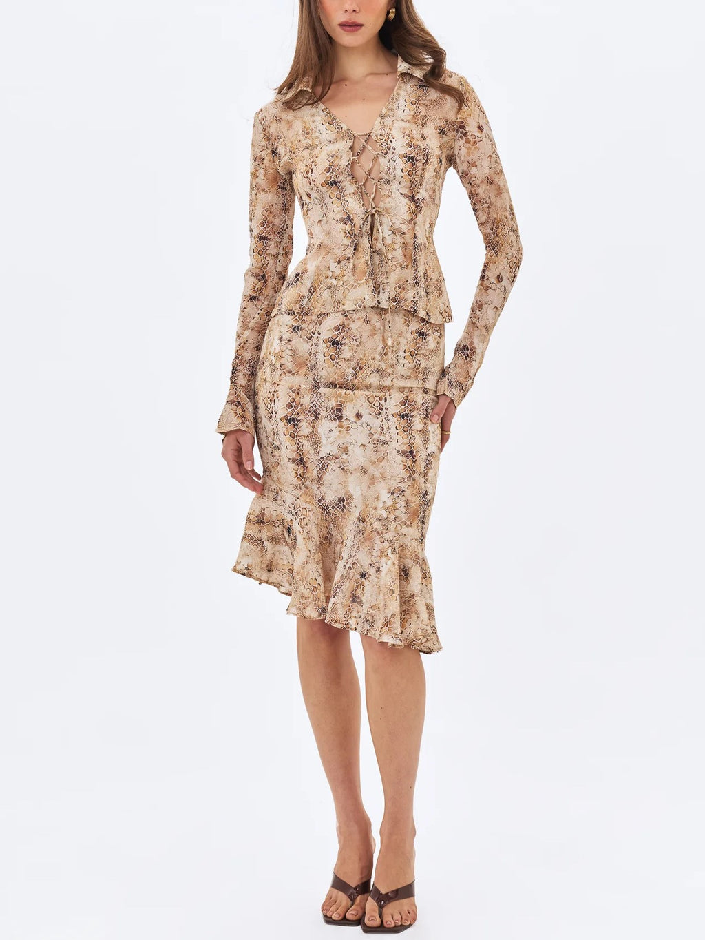 Beige Snake Print Tie Front Midi Dress