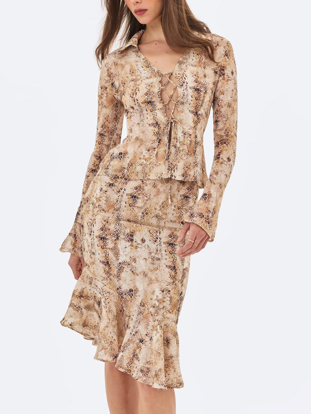 Beige Snake Print Tie Front Midi Dress