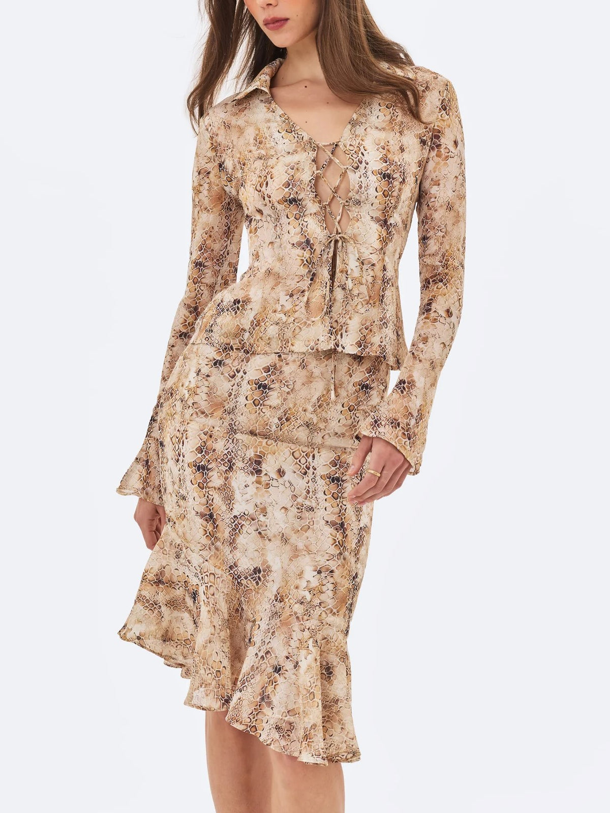 Beige Snake Print Tie Front Midi Dress