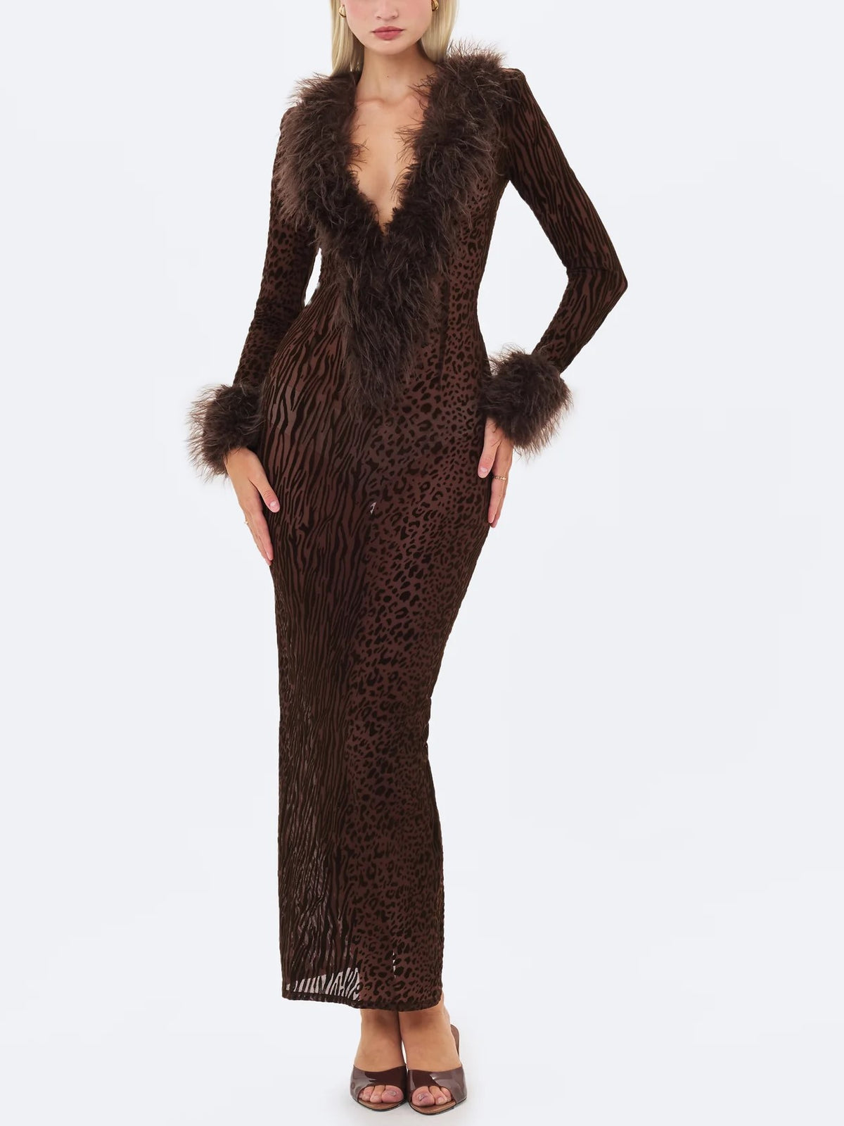 Brown Leopard Print Faux Fur Trim Maxi Dress