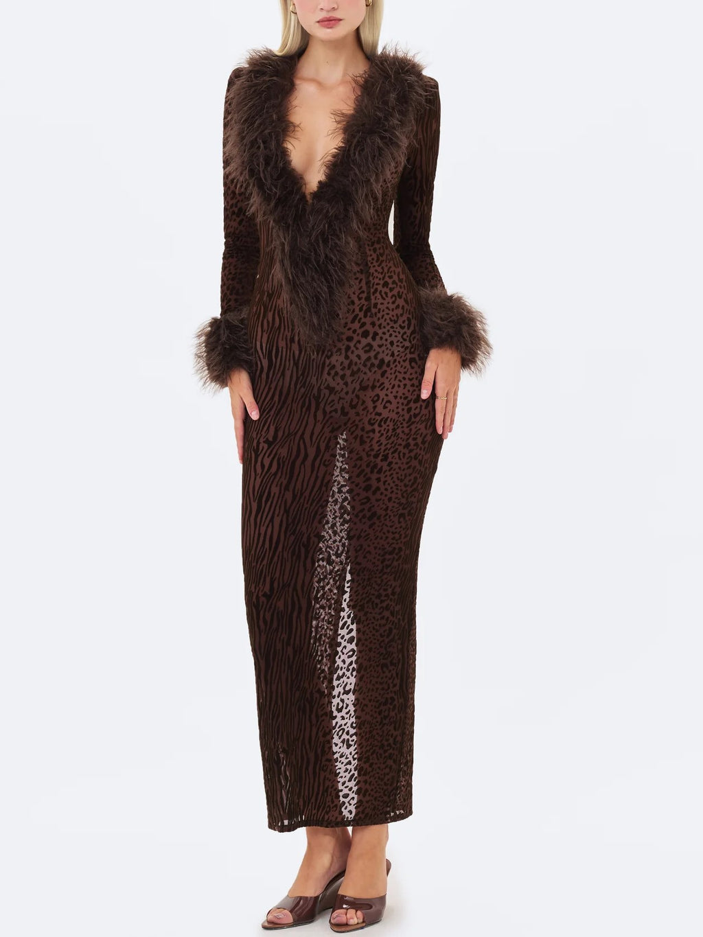 Brown Leopard Print Faux Fur Trim Maxi Dress