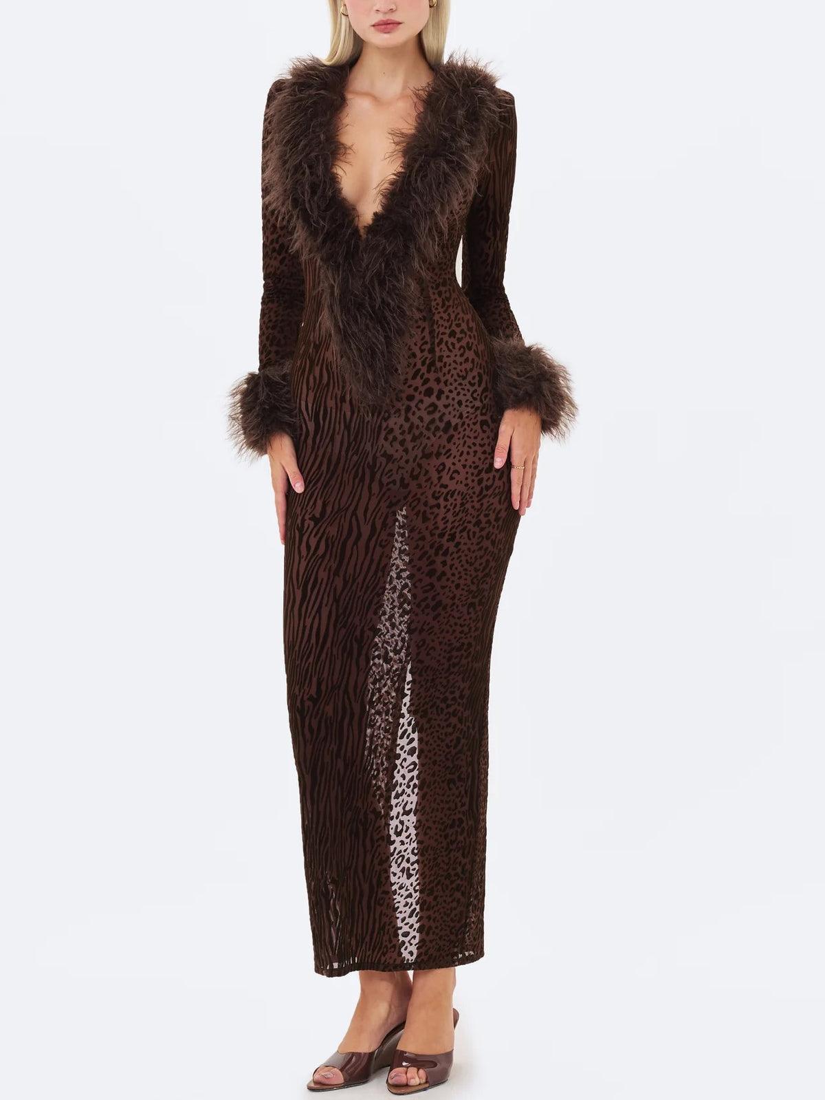 Brown Leopard Print Faux Fur Trim Maxi Dress