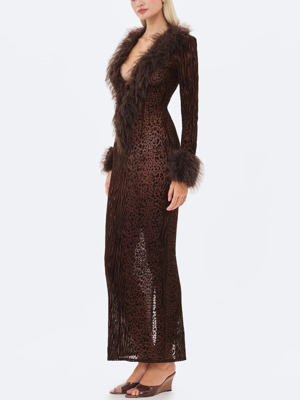 Brown Leopard Print Faux Fur Trim Maxi Dress